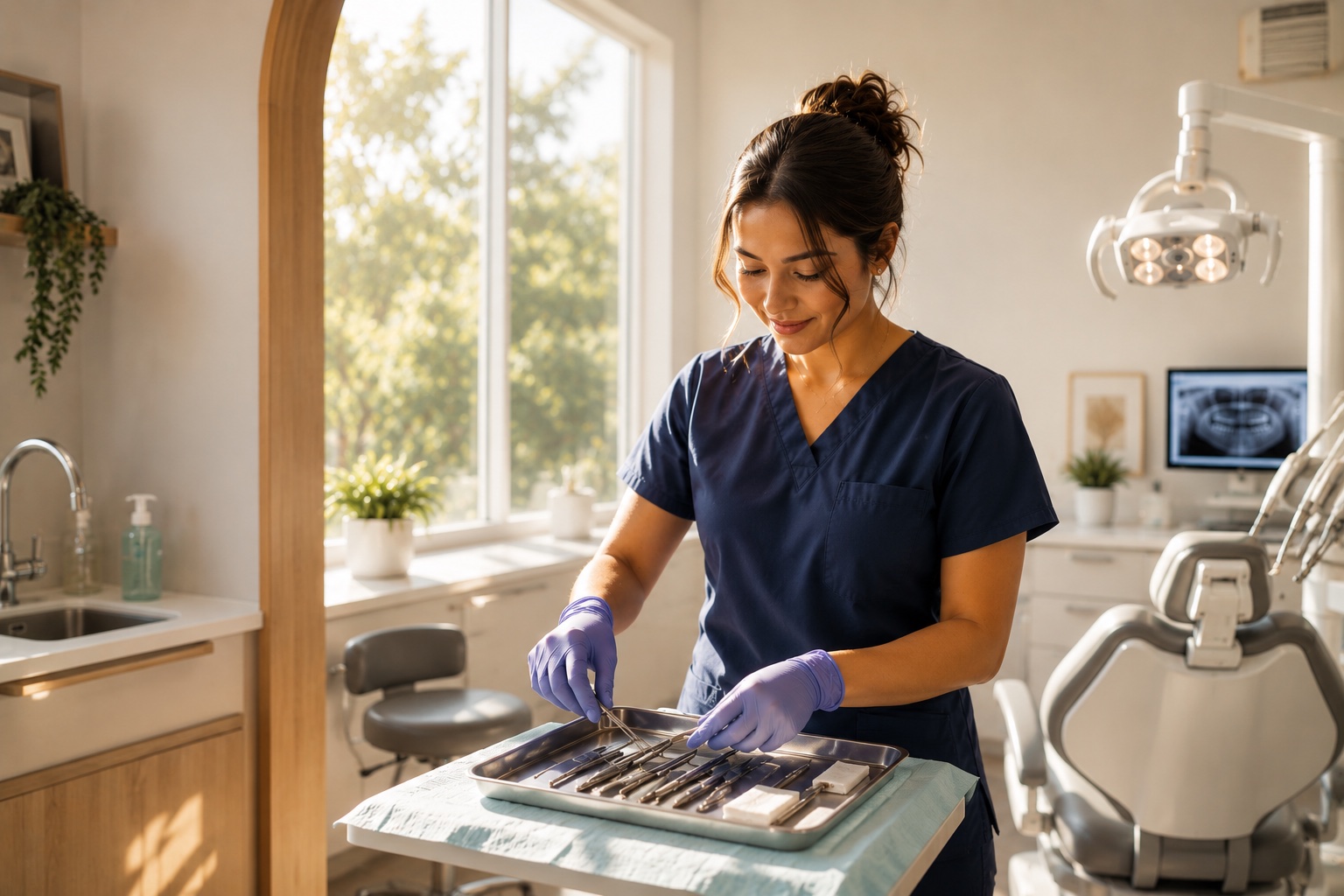 A dental assistant preparing a tray in warm morning light.