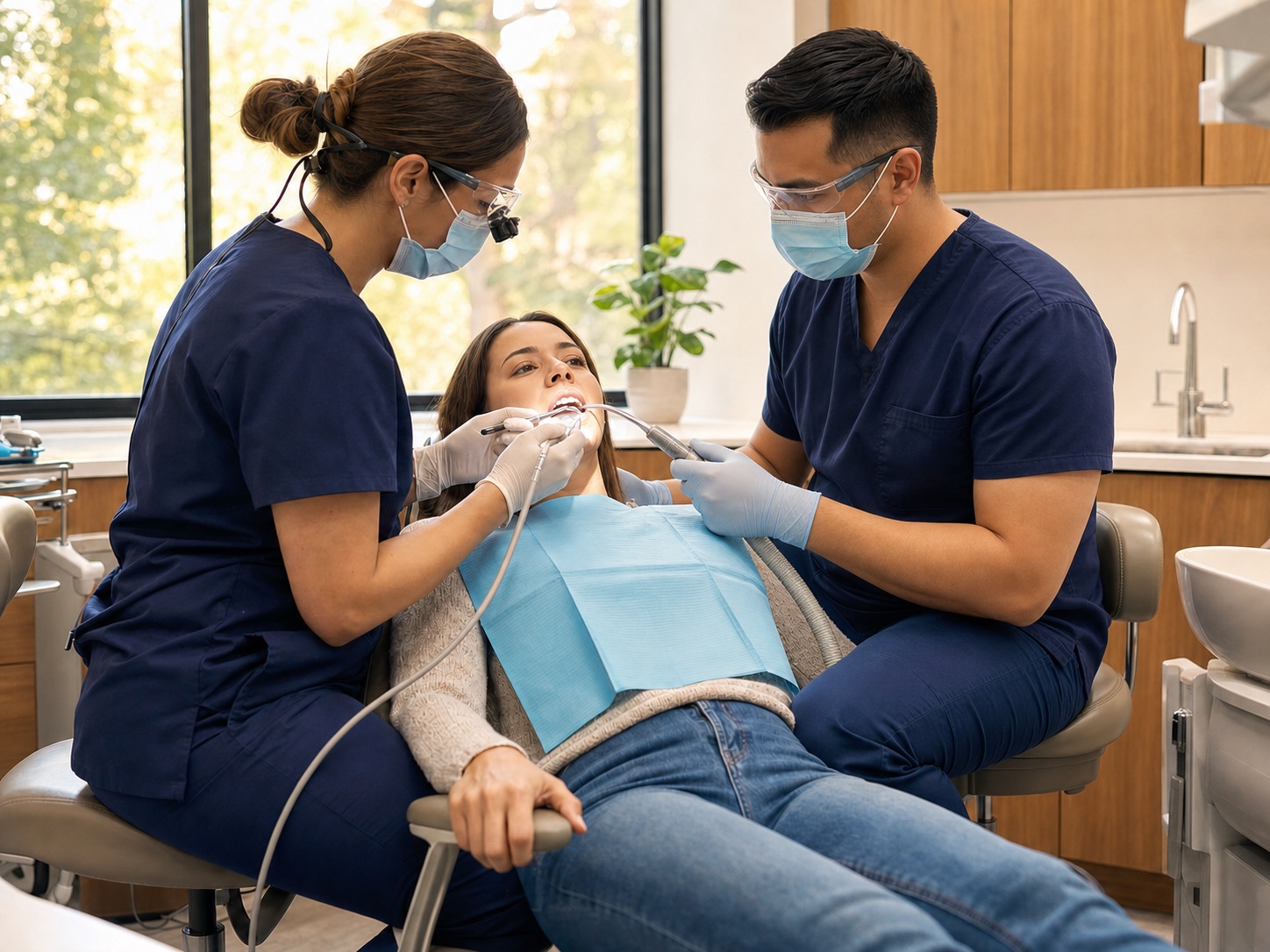 A male dental assistant notices a patient's discomfort while the dentist is focused on treatment.